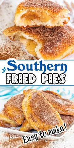 two images of a hand pie with apple and topped with cinnamon sugar with Pinterest overlay. Baked Fried Pies Easy, Apple Fried Pies Easy, How To Make Fried Pies, Fried Fruit Pies Easy, Hand Fried Pies, Southern Fried Pies, Southern Fried Apple Pies, Fried Hand Pies Deep South Dish, Fried Pies With Store Bought Pie Crust