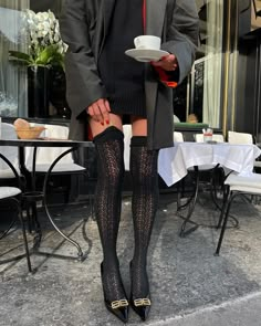 Fishnet Stockings Outfit Classy, Lace Socks Outfit, Enter Galactic, High Knee Socks Outfit, Socks Heels, Paris Culture, Socks Outfit, Autumn Fits