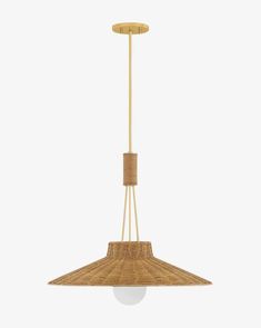 a light that is hanging from a ceiling fixture with a rattan shade on it