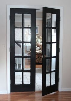 two black doors open in an empty room