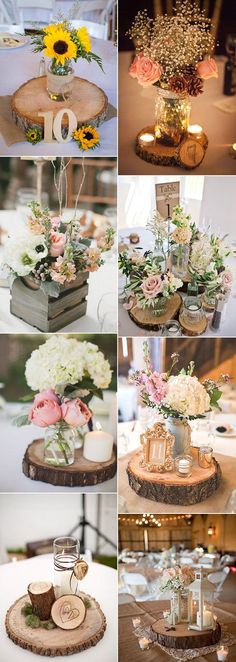 wedding centerpieces with flowers and candles are arranged on wooden slices in different positions