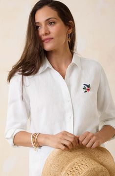 Crisp linen lets you keep your cool on a hot day in this long-sleeve button-up shirt embroidered with colorful tropical flora at the chest and back. Front button closure Spread collar Long sleeves with one-button cuffs 100% linen Machine wash, tumble dry Imported Casual Long Sleeve Shirt With Floral Embroidery, Summer Embroidered Shirt With Spread Collar, Embroidered Summer Shirt With Spread Collar, Embroidered Spread Collar Shirt For Summer, Casual Embroidered Shirt With Spread Collar, Beach Embroidered Collared Shirt, Summer Embroidered Long Sleeve Shirt, Floral Embroidered Collared Shirt For Vacation, Casual Tops With Floral Embroidery And Spread Collar