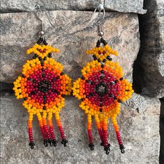 Handmade Earrings From Huichol Community In Mexico. This Community Sells It’s Art As A Way Of Living! Their Colors And Designs Are Beautiful And Will Look Great On You! Never Worn Yellow Beaded Earrings With Ear Wire For Festivals, Orange Dangle Earrings With Black Beads, Yellow Beaded Earrings With Multicolor Beads, Yellow Beaded Earrings With Colorful Beads, Yellow Beaded Earrings With Black Beads, Yellow Bohemian Beaded Round Earrings, Yellow Beaded Earrings For Festival, Yellow Beaded Drop Earrings For Festival, Yellow Round Bohemian Beaded Earrings