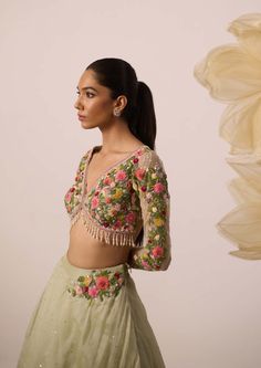 A burst of freshness - that's what this lupin pistachio green lehenga set is all about! Paired with multicolor resham embroidered full sleeves blouse in a monochrome shade, it is the ultimate bridesmaids's dream. The skirt, crafted in organza, features intricate embroidery on circumference part of the lehenga, and is perfect for twirl-ready moments. Also featuring a organza dupatta with the same to go all out with it Full Sleeves Blouse, Full Sleeve Blouse, Green Lehenga, Sleeves Blouse, Pistachio Green, Organza Dupatta, Intricate Embroidery, Full Sleeves, Pistachio