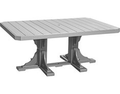 an outdoor table with two legs and a square top, on a white background the table is made out of wood