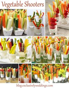 there are many different shots in glass vases filled with veggies and flowers