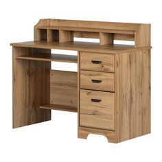 a wooden desk with two drawers and a shelf