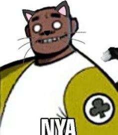 a cartoon cat wearing a shirt that says nya on it's chest and the caption is black and white