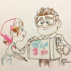 a pencil drawing of a man and woman holding a box with the word love written on it