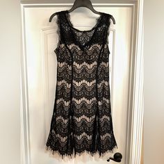 Never Worn And In Excellent Condition. Dress Is An Elegant Champagne With Black Lace Color. Petite Fit. Black Lined Lace Dress, Chiffon Shift Dress, Rouched Dress, Swirl Dress, Shift Dress Pattern, Champagne Dress, Embroidered Midi Dress, White Sleeveless Dress, Long Sleeve Knit Dress