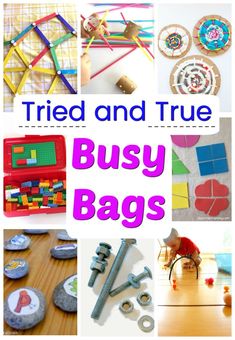 a collage of pictures with the words tried and true busy bags