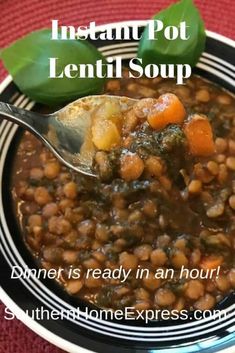 a spoon full of lentil soup on top of a red tablecloth with the words instant pot lentil soup