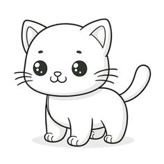 a cute little cat with big eyes on a white background, coloring book page illustration