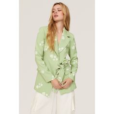 Green floral crepe (97% Polyester, 3% Elastane). Blazer. Long sleeves. Collar. Tie closure. 31" from shoulder to hemline. Imported. Chic Spring Floral Print Outerwear, Chic Spring Outerwear With Floral Print, Chic Floral Print Outerwear For Spring, Chic Floral Print Outerwear For Office, Chic Floral Print Outerwear For Brunch, Chic Floral Print Office Outerwear, Chic Printed Spring Outerwear, Formal Floral Print Outerwear For Spring, Green Printed Spring Outerwear