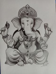 a pencil drawing of an elephant god sitting in the middle of his body with one hand up