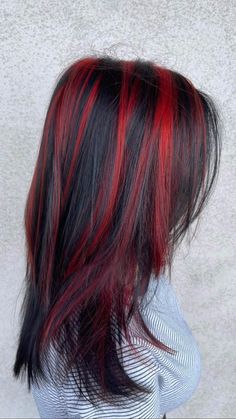 Black Hair With Red, Red Hair Streaks, Hair With Red Highlights, Black Hair With Red Highlights, Skunk Hair, Red Hair With Highlights, Black Red Hair, Red Hair Inspo, Wine Hair