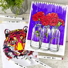 two drawings of red flowers in vases and one with a tiger's face