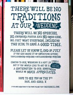 there will be no traditionss at our wedding sign on a book shelf with books in the background