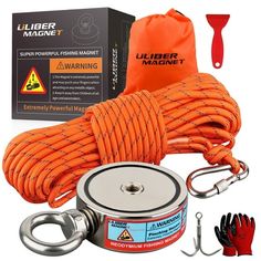 an orange rope is being used to tie up a winch and other items are in the background