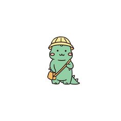 a small green dinosaur wearing a hat and carrying a shovel in its hand, with the words