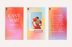 three vertical cards with the words can't wait and an image of a woman in a red dress