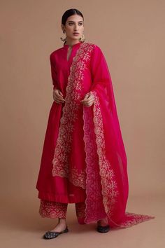 Buy Crimson magenta A-line kurta with pintuck detail on the yoke. Comes with palazzo and dupatta by #SureenaChowdhri at #AzaFashions Shop online now at #Azafashions.com Call +91 8291990059 or email contactus@azafashions.com for enquiries. #wedding #festive #ethnic #tradional #shopping #shoponline #party #reception #bride Luxury Traditional Chinon Churidar, Luxury Cutdana Kurta For Puja, Luxury Chinon Churidar For Navratri, Luxury Elegant Chanderi Churidar, Diwali Chanderi Choli, Luxury Traditional Wear For Women's Puja, Luxury Party Wear Churidar With Intricate Embroidery, Luxury Mulmul Churidar For Women, Luxury Anarkali Churidar For Navratri