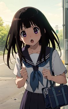 a girl with long black hair wearing a school uniform and holding a blue bag in her hand