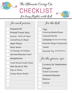 the ultimate carry - on checklist for each flight with kid's names and pictures