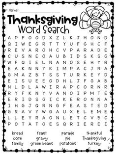 the thanksgiving word search is shown in this printable activity sheet for kids to learn how to