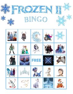 the frozen ii bingo game is shown in blue and has images of people, animals, and snowflakes