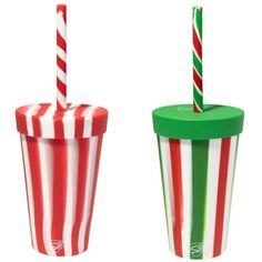 two red and green striped cups with straws