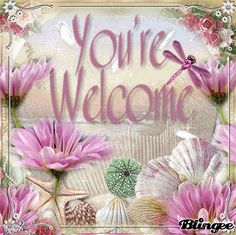 the words you're welcome are surrounded by pink flowers and seashells on a multicolored background