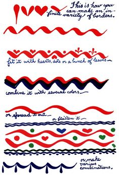 some type of writing with different colors and patterns on it, including hearts and lines