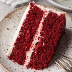 a slice of red velvet cake on a plate