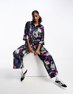 Jumpsuits & Rompers by Monki No need for a dress to impress Spread collar Button placket Drawstring waist Side pockets Wide leg Regular fit Scandi Chic, Long Sleeve Jumpsuit, Print Trends, Body Fit, Jeans Shop, Chic Design, Abstract Print, Playsuit Jumpsuit, Jumpsuits For Women