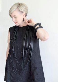 multi strand long strip rubber spaghetti necklace. This is a chunkier version of the spaghetti necklace made from soft strip rubber. Its very light and has a great edgy feel to it. length: approx. 120 cm (48 in) circumference longest strand drop: approx. 65 cm (25.5 in) Rubber Necklace, Funky Jewelry, Recycled Leather, Short Hair Styles Pixie, Multi Strand, Leather Accessories, Jewelry Trends, Amazing Jewelry