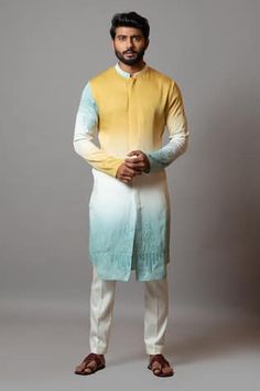 Buy Purple Kurta Chanderi Silk Hand Embroidered Lotus Kingdom Set For Men by Runit Gupta Online at Aza Fashions. Ombre Kurta For Men, Latest Kurta Designs, Blue Pants Men, Embroidery Kurta, Primrose Yellow, Indian Groom Wear, Kurta For Men, Gents Kurta