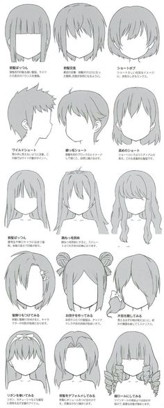 an anime character's hair chart with different hairstyles and head length options