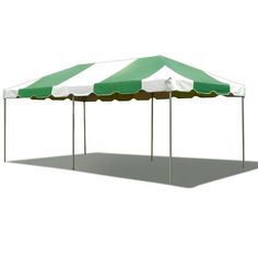 a tent with green and white stripes on the sides, set up against a white background