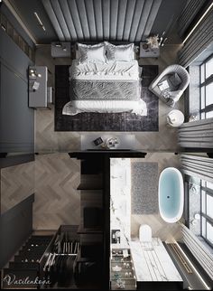 an aerial view of a bed and bathroom