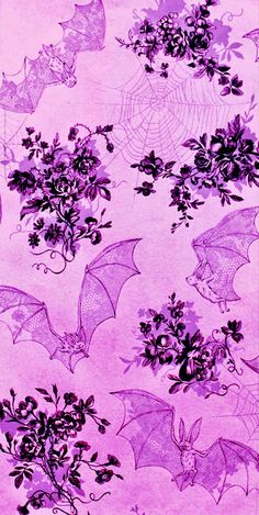 purple bat and flowers with spider webs in the middle on a lilac background