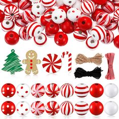 red and white christmas baubles, candy canes, ornament decorations