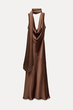 SATIN EFFECT DRESS WITH BOW - Caramel | ZARA United States Zara Satin Dress, Brown Strapless Dress, Neutral Bridesmaid Dresses, Brown Maxi Dresses, Trench Coat Dress, Open Back Dress, Zara Dress, Cardigan Sweater Dress, Lilac Dress