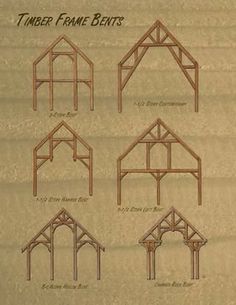 various types of timber frame buildings with different sizes and shapes, including the roof framing