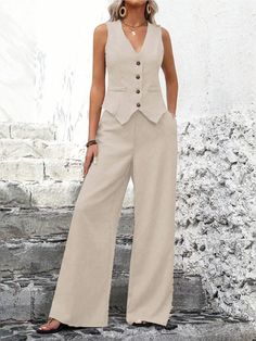 Effortlessly Chic Sleeveless Vest And Wide Leg Pants Set Khaki Elegant    Plain  Non-Stretch  Women Clothing, size features are:Bust: ,Length: ,Sleeve Length: Elegant Tank Tops, Elegant Fashion Outfits, Set Clothes, Elegant Pant, Outfit Inspired, Estilo Hip Hop, Style Mistakes, Casual Sets, Sleeveless Vest