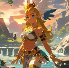 the legend of zelda is standing in front of a lake with her hands on her hips