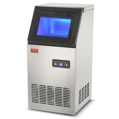 a small ice machine with a blue screen on the front and bottom panel, sitting in front of a white background