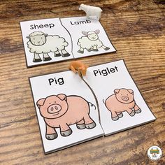 two pictures of sheep and pig with the words, i can't read them