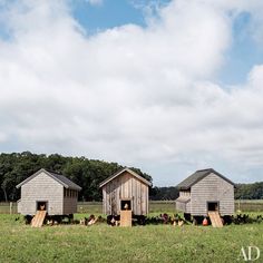 three small wooden buildings sitting on top of a lush green field