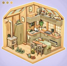 an illustrated drawing of a kitchen and dining area in a doll's house style